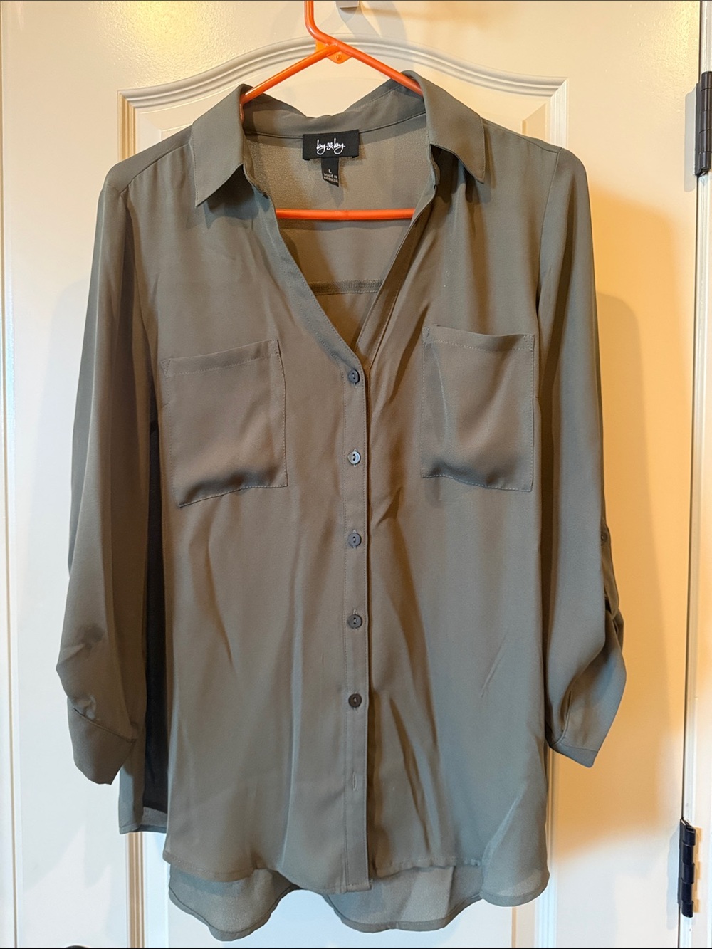 by & by Olive Green Sheer Button-Up Blouse